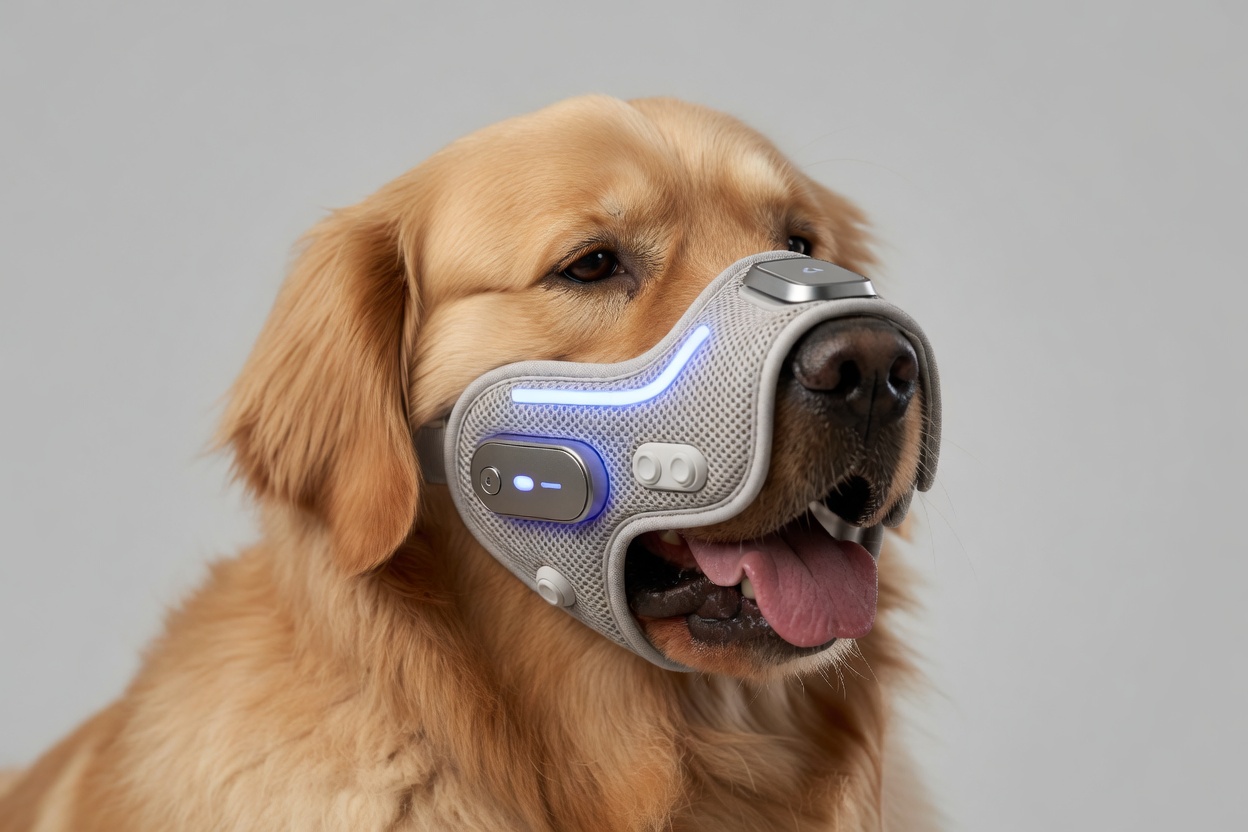 HushPaw supervised-use muzzle in silver mesh